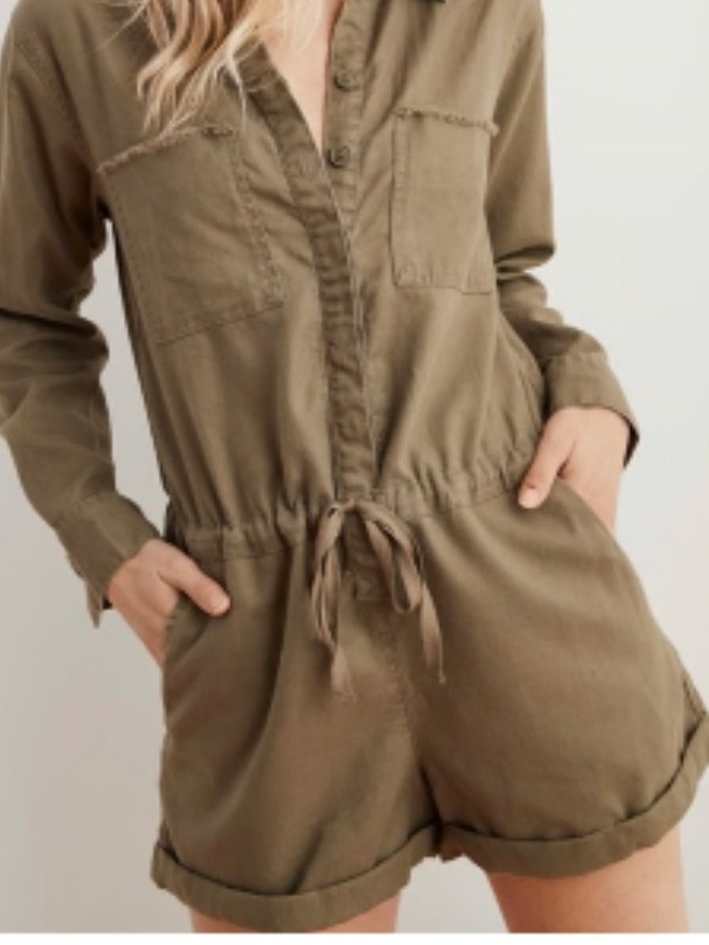 LANDS END!! Utility Tie-Waist Romper in Olive/ Coco !! Super cute! 2